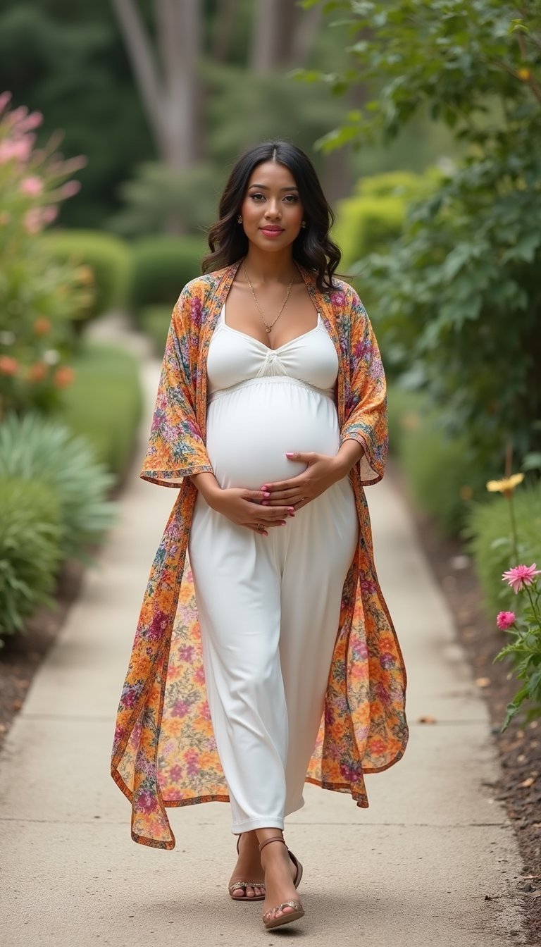 Kimono Largo Estampado Y Vestido Liso Básico