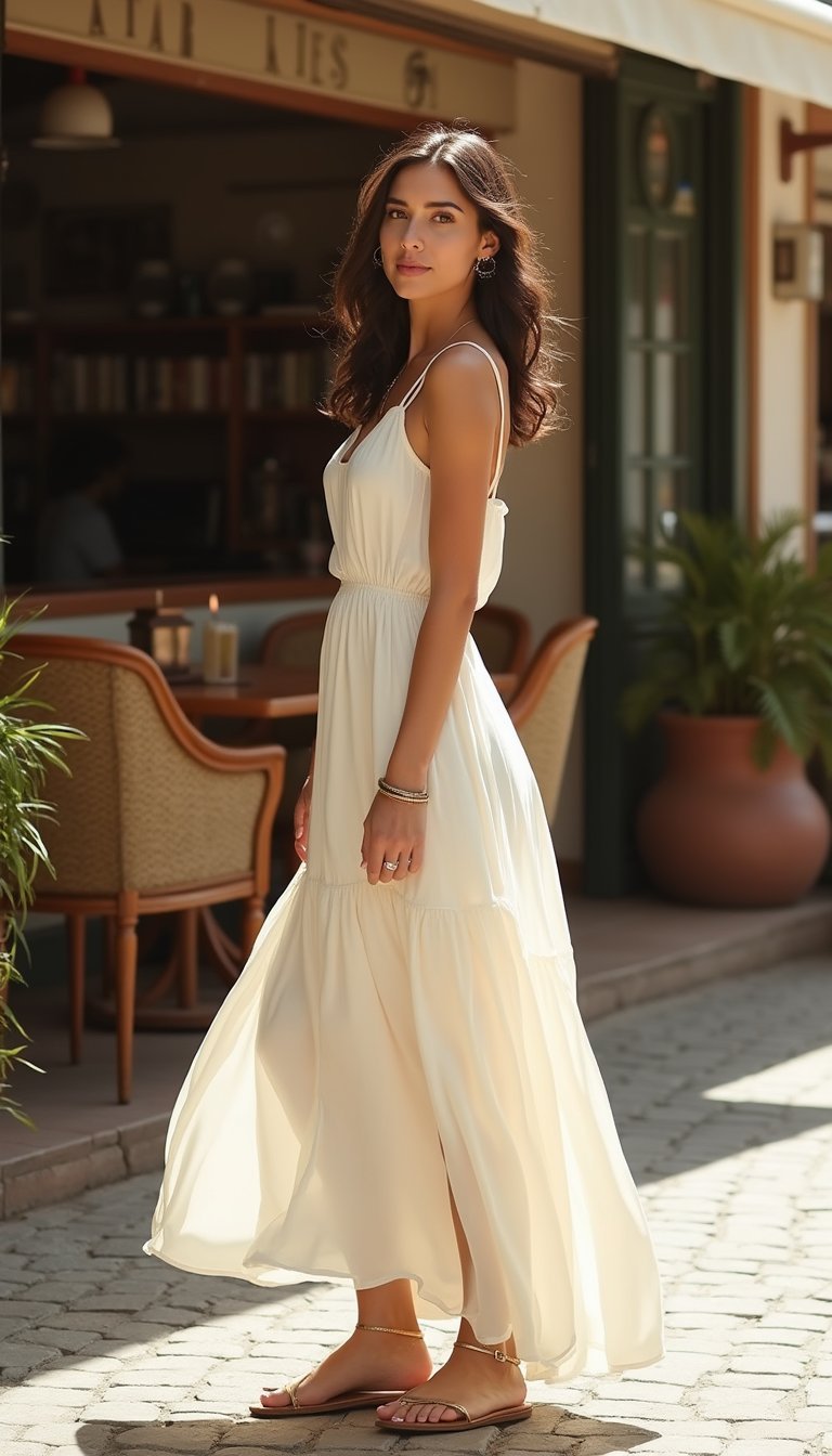 Vestido Maxi Corte Imperio Y Sandalias Planas