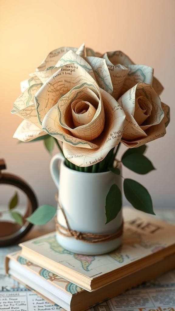 Map And Atlas Paper Rose Travel Bouquet