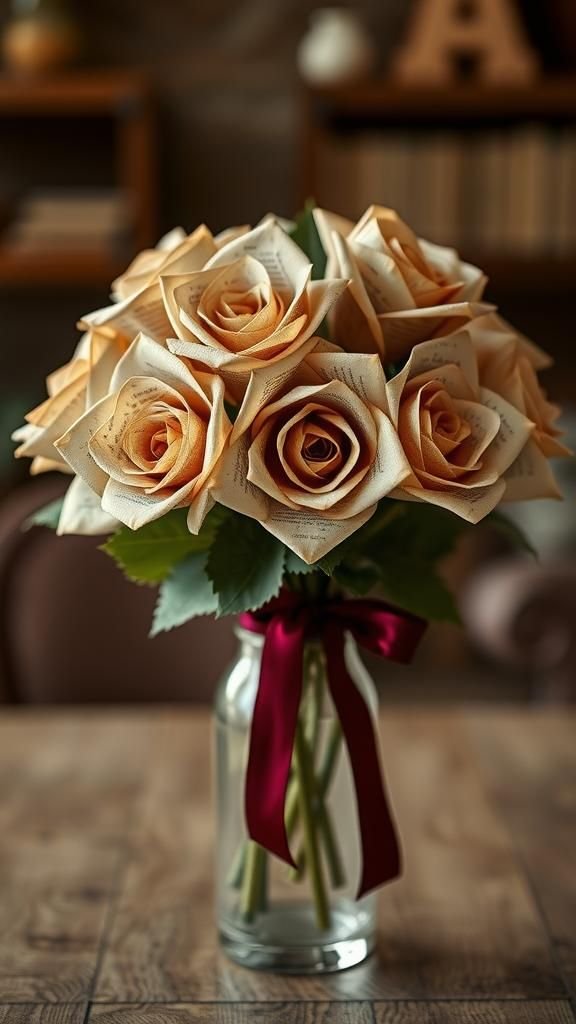 Vintage Book-Page Roses With Velvet Ribbon