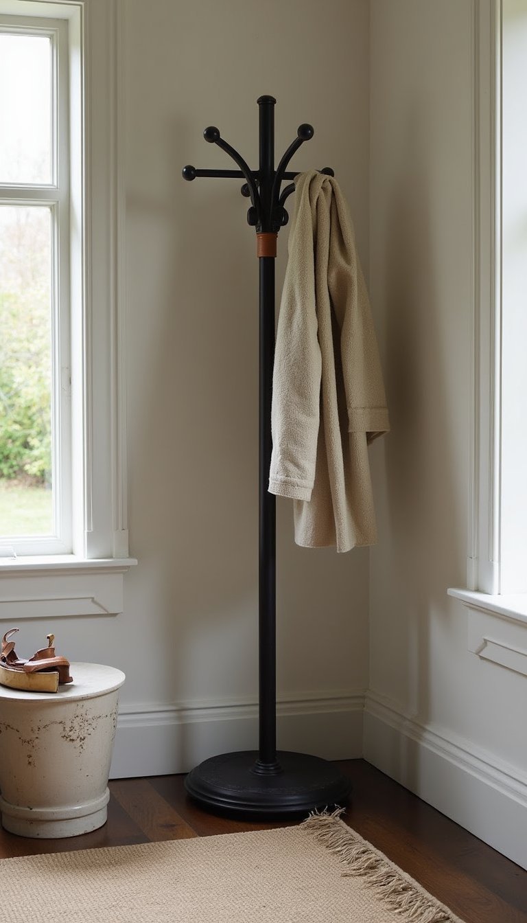 Perchero Alto De Hierro Con Detalles En Cuero