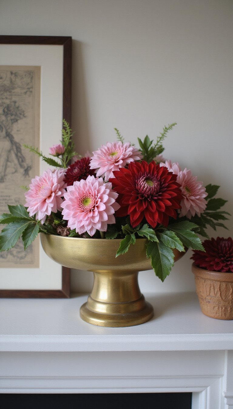 Brass Compote Filled With Seasonal Blooms