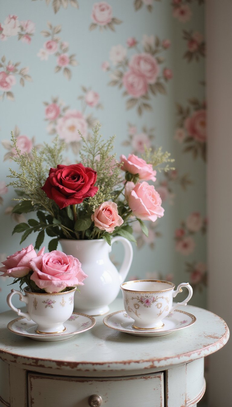 Vintage Teacup Pink And Red Floral Display