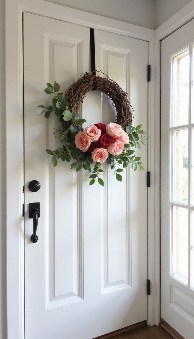 Wreath For Entryway With Pink Red Blooms