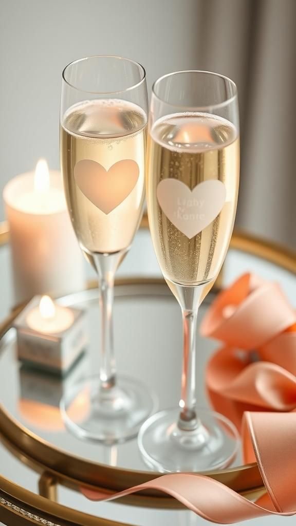 Etched Glass Heart Champagne Flutes