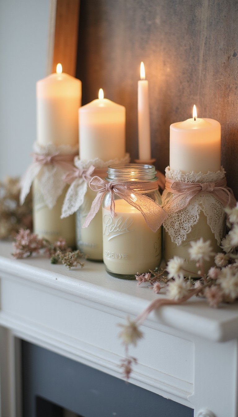 Mason Jar Candle Cluster With Lace Wraps