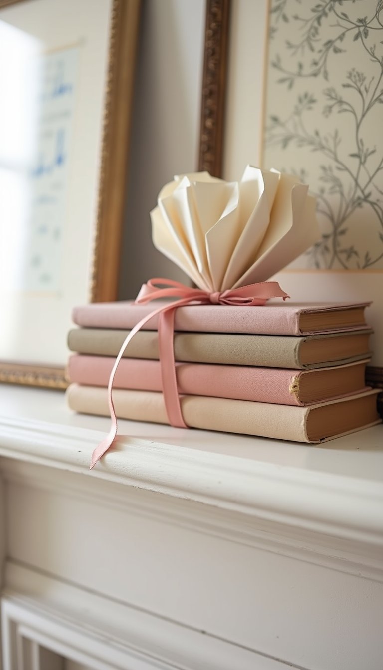 Vintage Book Heart Stack With Soft Candlelight
