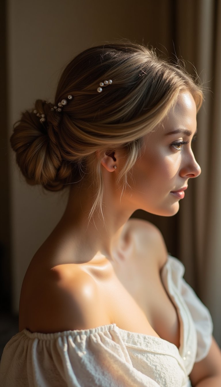 Low Twisted Chignon With Pearl Pins