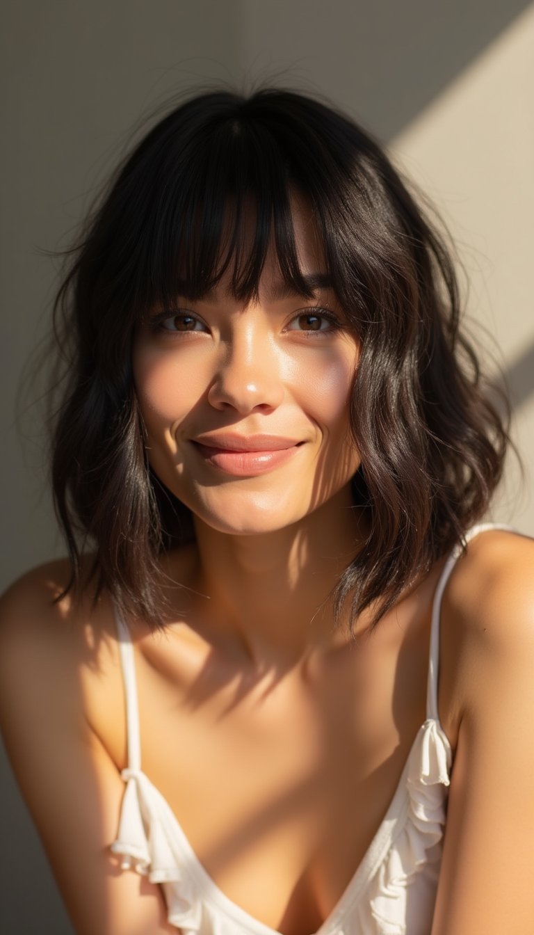 Textured Lob With Face-Framing Curtain Bangs