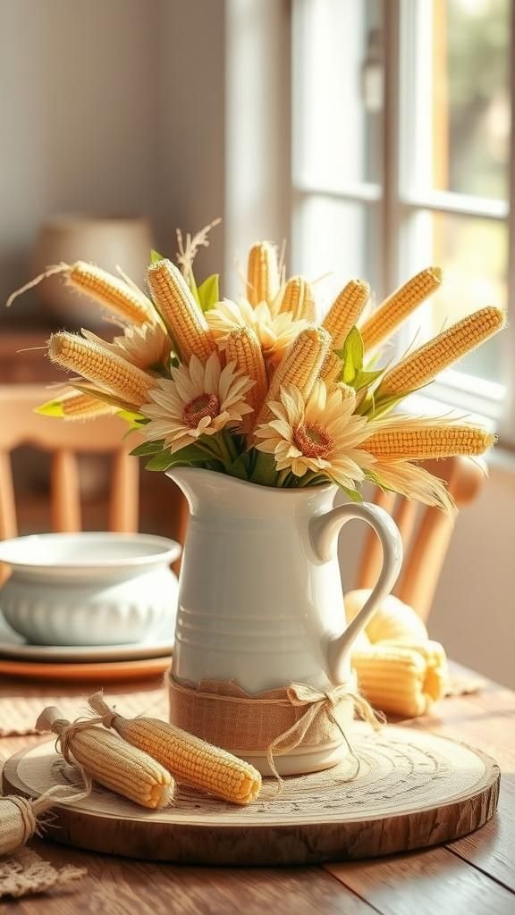 Corn Husk Flower Bouquets In Stoneware Pitcher