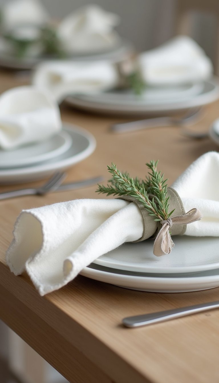 Linen Napkin Rings Tied With Sprigs And Ribbon