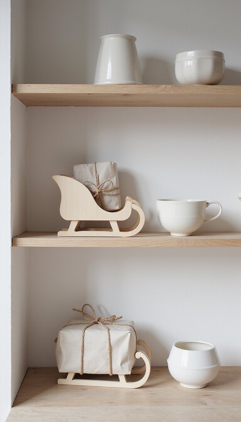 Miniature Wooden Sleigh Displays On Open Shelves