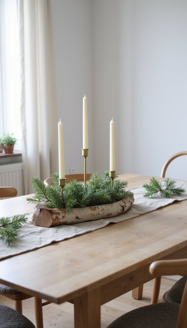 Simple Birch Log Centerpiece With Evergreens