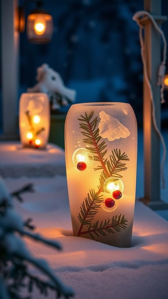 Outdoor Ice Lanterns With Evergreen Inclusions