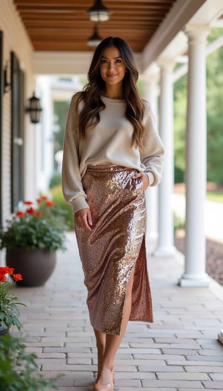 Sequin Midi Skirt With Cozy Cashmere Sweater