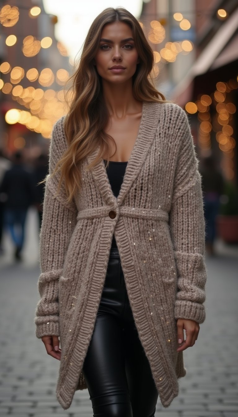 Sparkly Oversized Cardigan With Leather Leggings