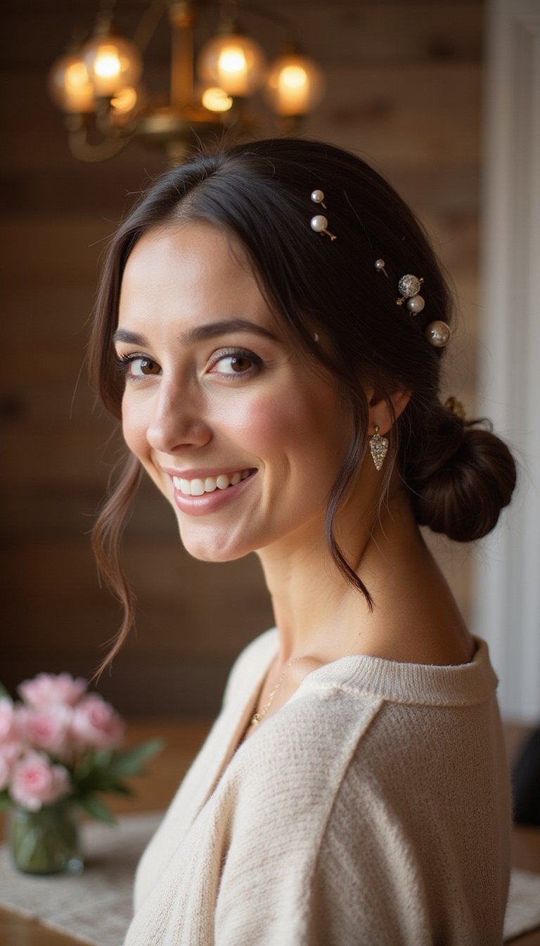 Pearl Pins Patterned Across A Sleek Bun