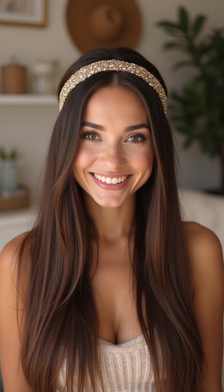 Sequin Headband Over Sleek Straight Hair