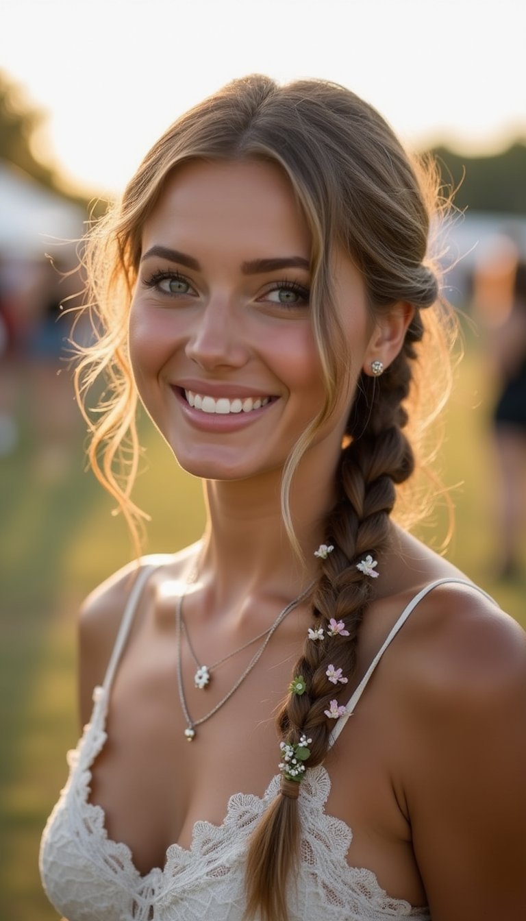Boho Side Braid With Floral Hair Picks