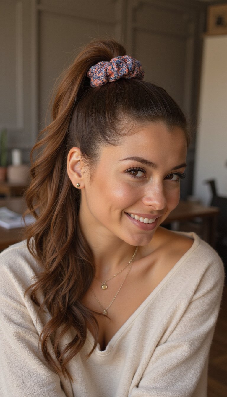High Sleek Pony With Team-Colored Scrunchie