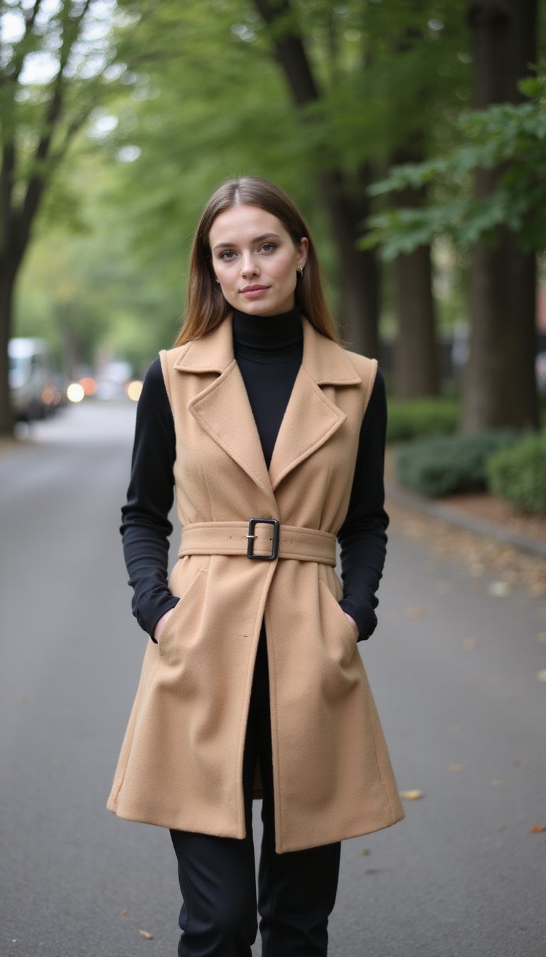 Belted Wool Coat Turned Structured Sleeveless Vest