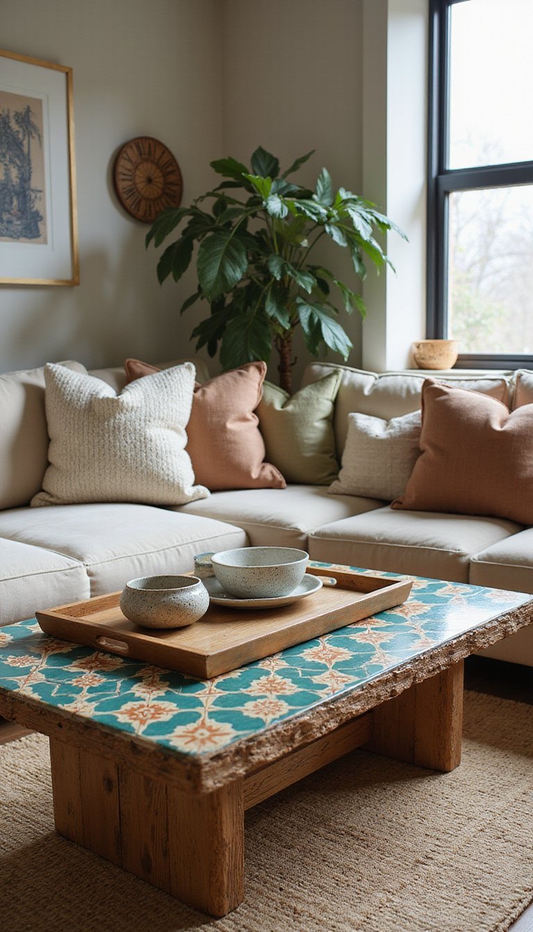 Handpainted Tile Top Coffee Table With Color Pop