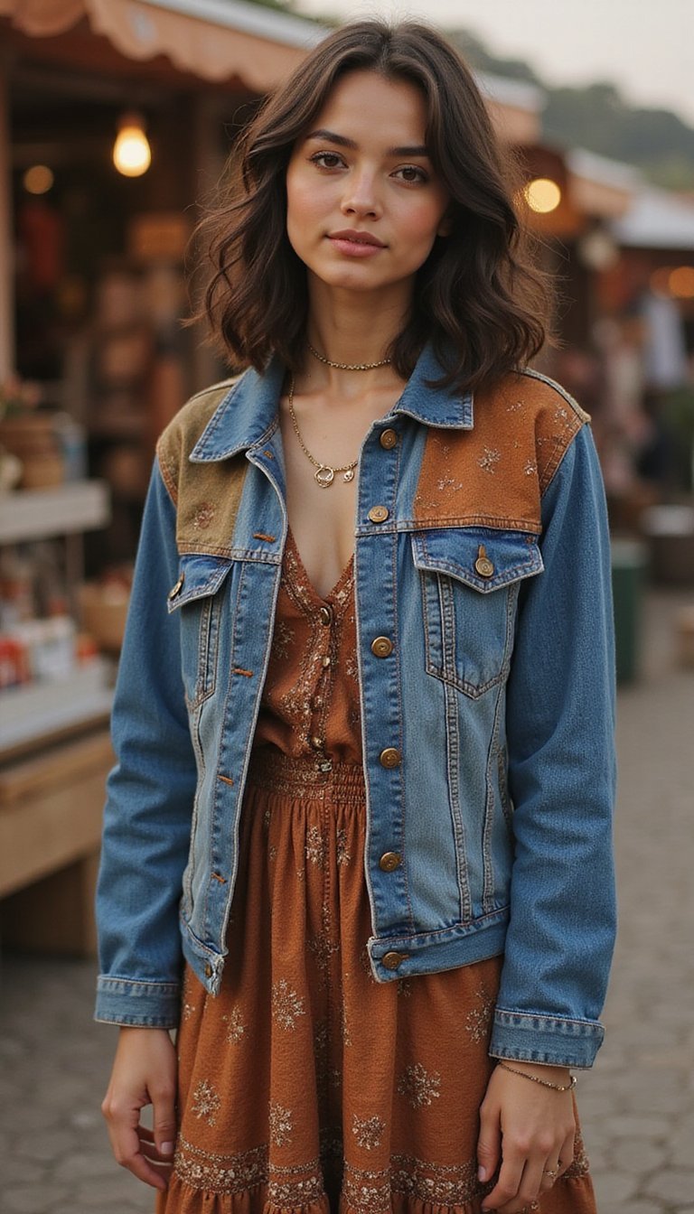 Boho Patchwork Upcycled Denim Jacket And Maxi Dress