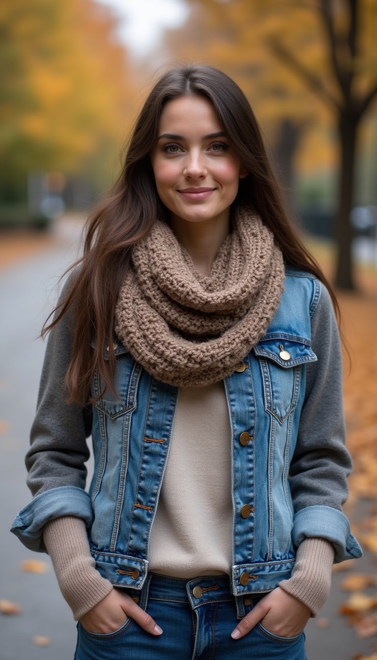 Denim Jacket With Knit Sleeves And Cozy Scarf