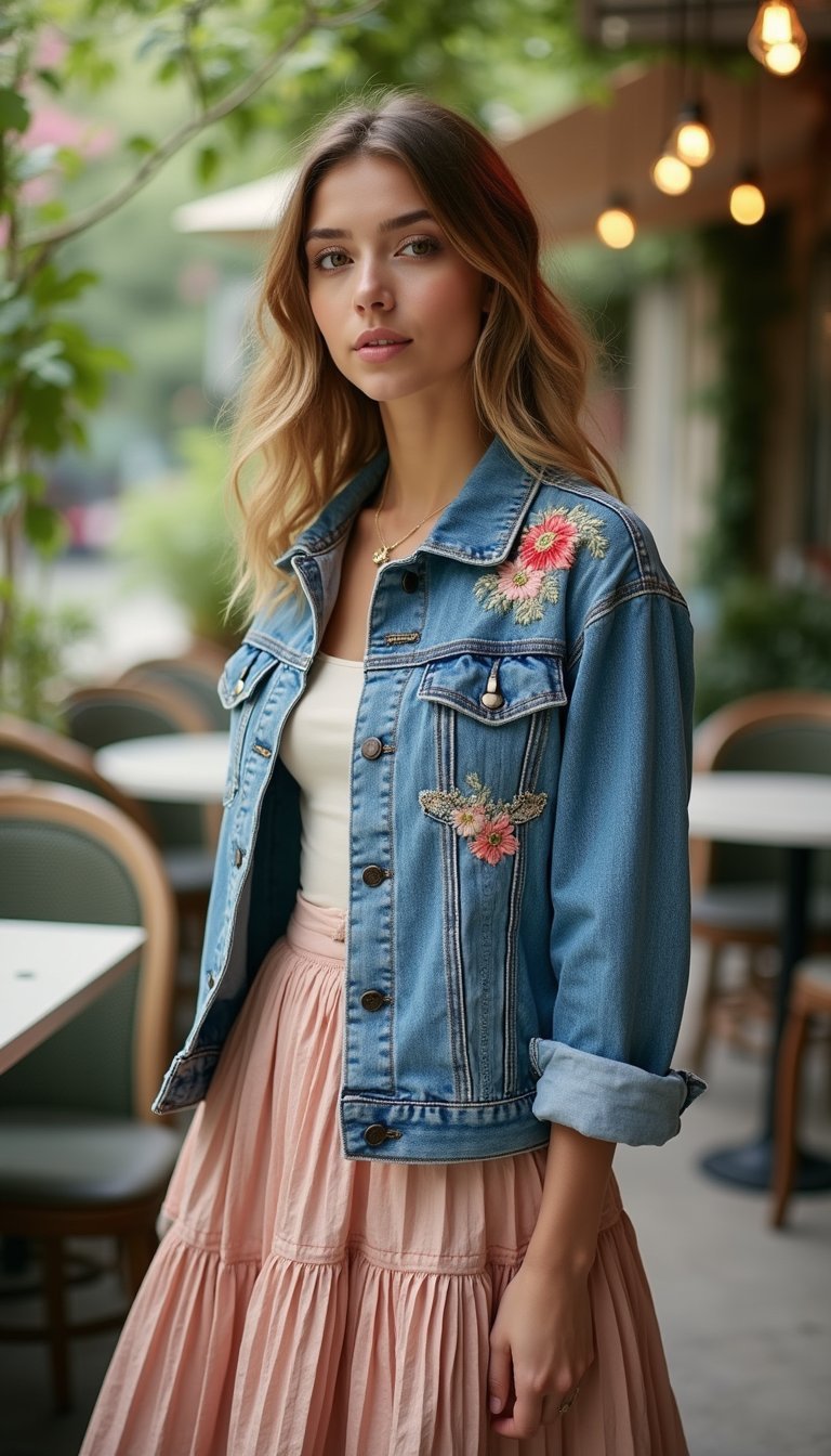 Embroidered Floral Denim Jacket With Midi Skirt