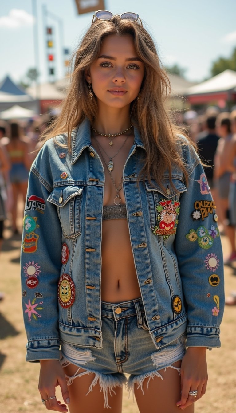 Festival Ready Denim Jacket Covered In Pins And Patches
