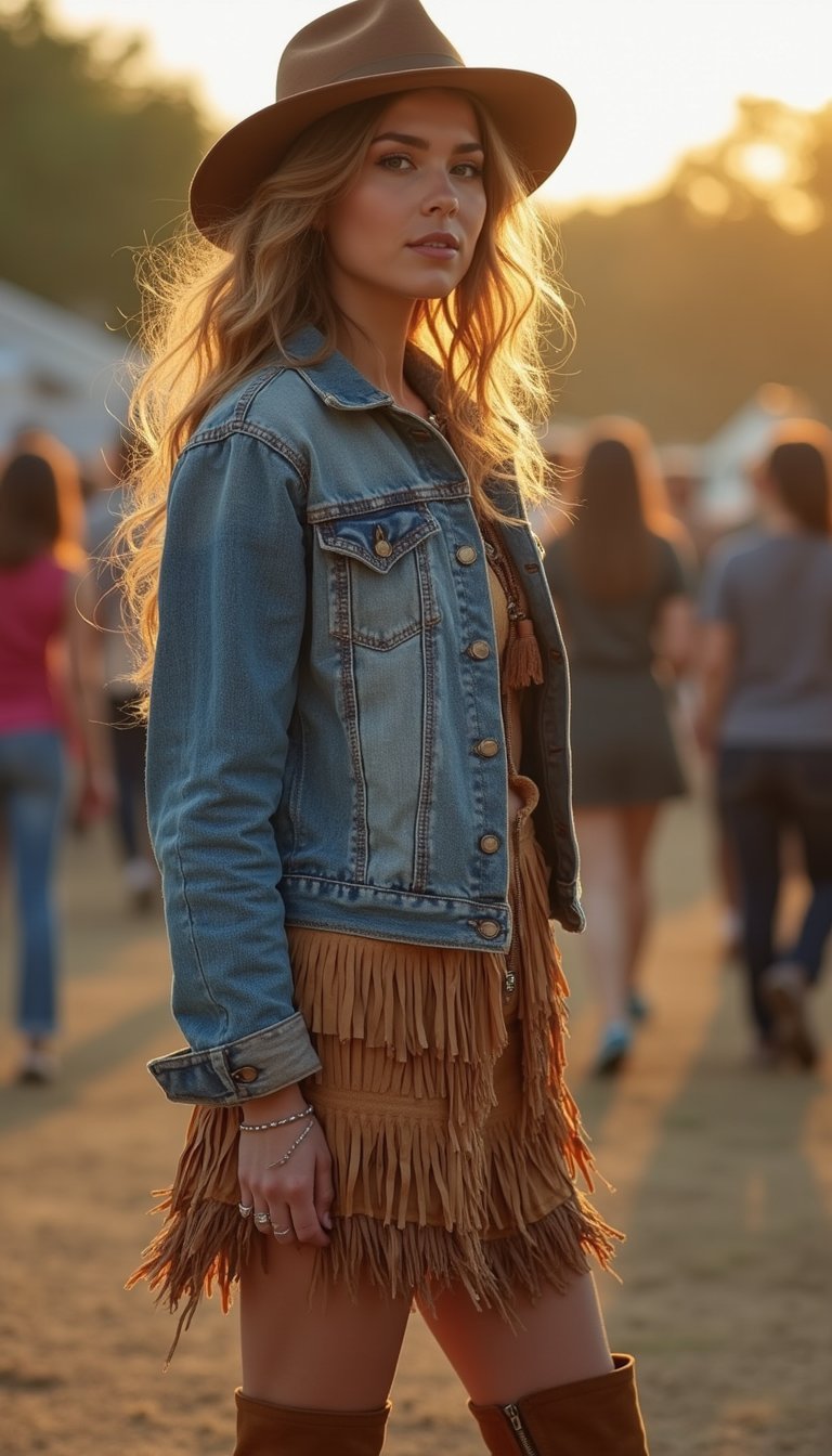 Fringed Hem Jacket With Boho Skirt And Boots