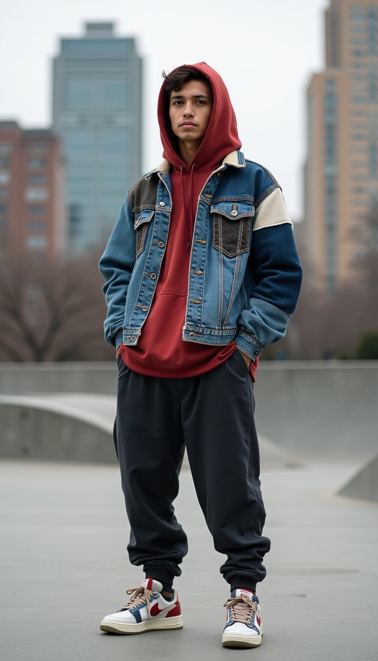 Layered Hoodie Under Patchwork Denim For Street Style