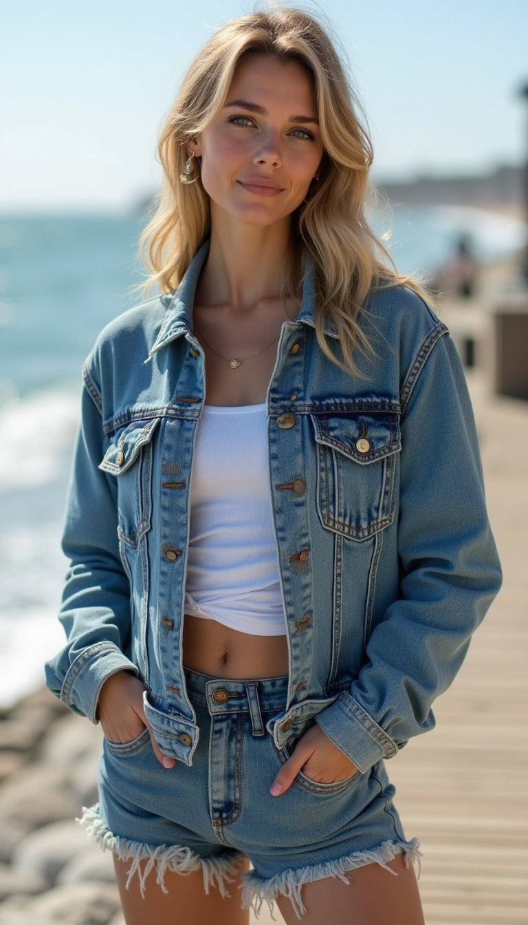 Patch Pocket Jacket Styled With High Waisted Shorts