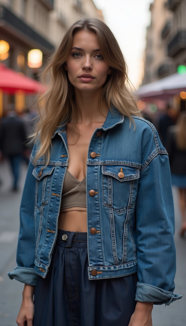 Shrunken Upcycled Denim Jacket With Midi Slip Skirt