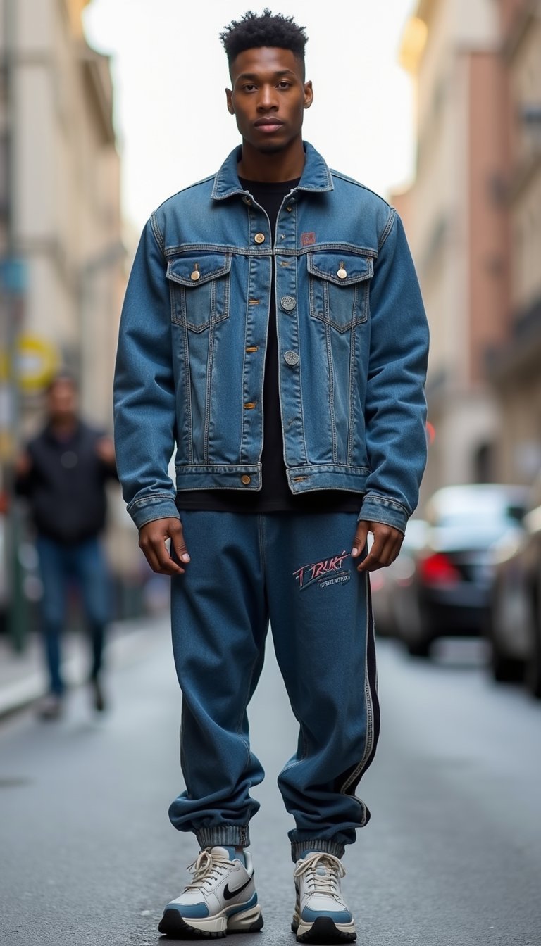 Sporty Upcycled Denim Jacket With Track Pants