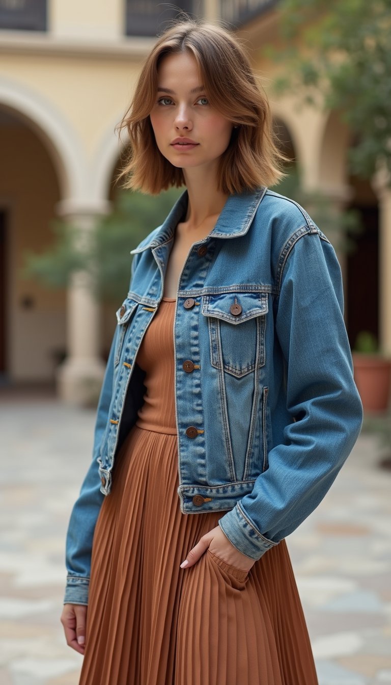 Two-Tone Upcycled Jacket With Pleated Midi Dress