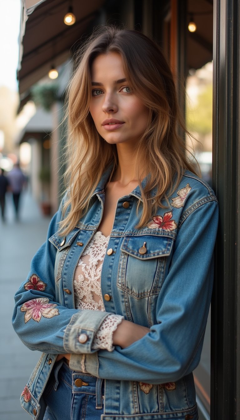 Vintage Patch Denim Jacket With Feminine Blouse