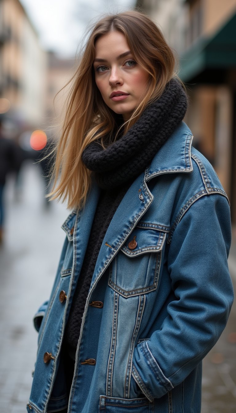 Winter Layered Denim Jacket With Wool Coat Combo
