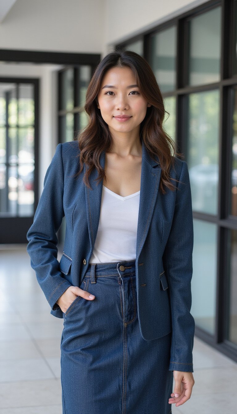 Work-Friendly Upcycled Denim Blazer With Pencil Skirt