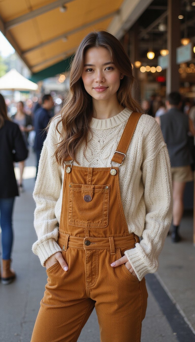 Hand-Stitched Cable Knit With Corduroy Overalls