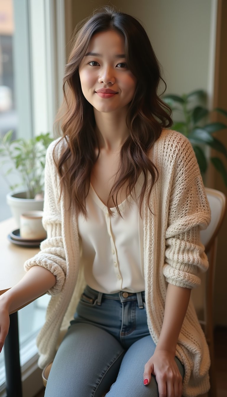 Sheer Blouse Under Open Cardigan With Skinny Jeans