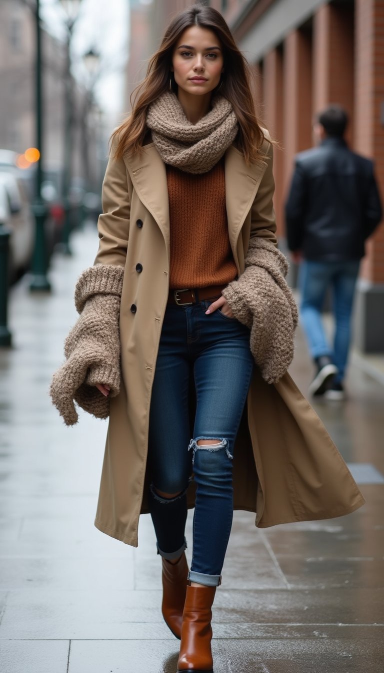 Sweater Scarf Wrap With Trench Coat Layer