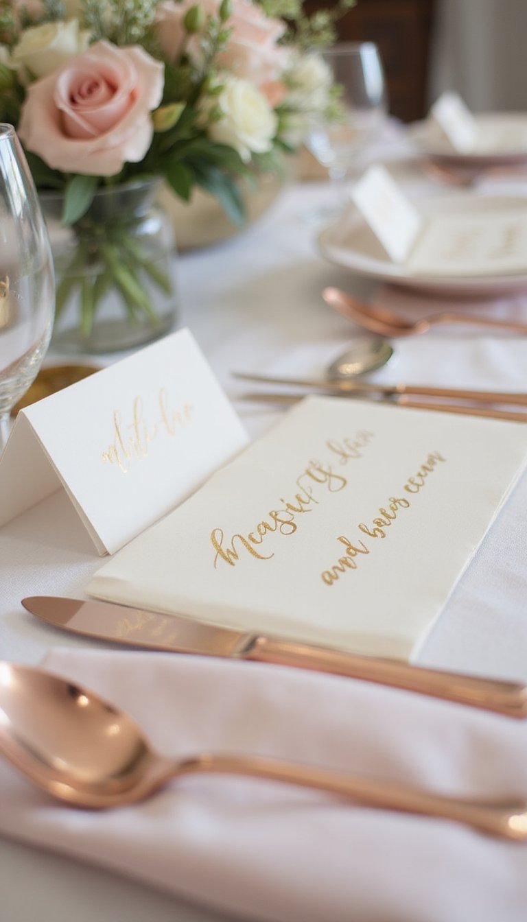 Gold Foil Place Cards With Calligraphy Flourish