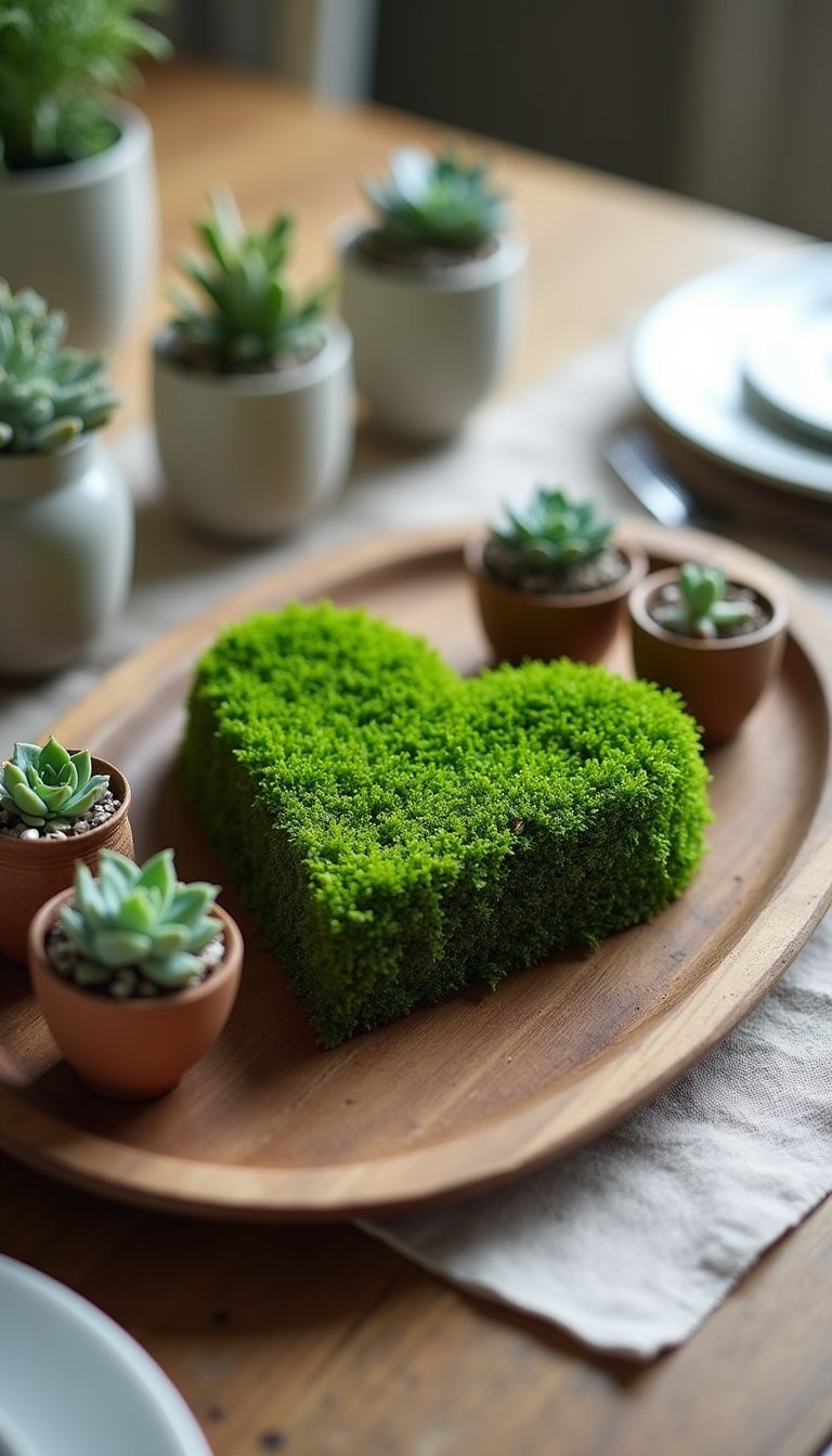 Moss Heart Centerpiece On Rustic Tray