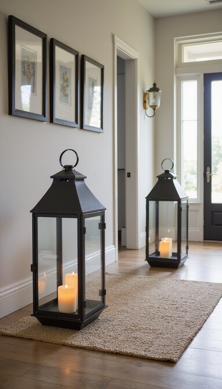 Faroles De Metal Negro En Entrada Cálida Y Dramática