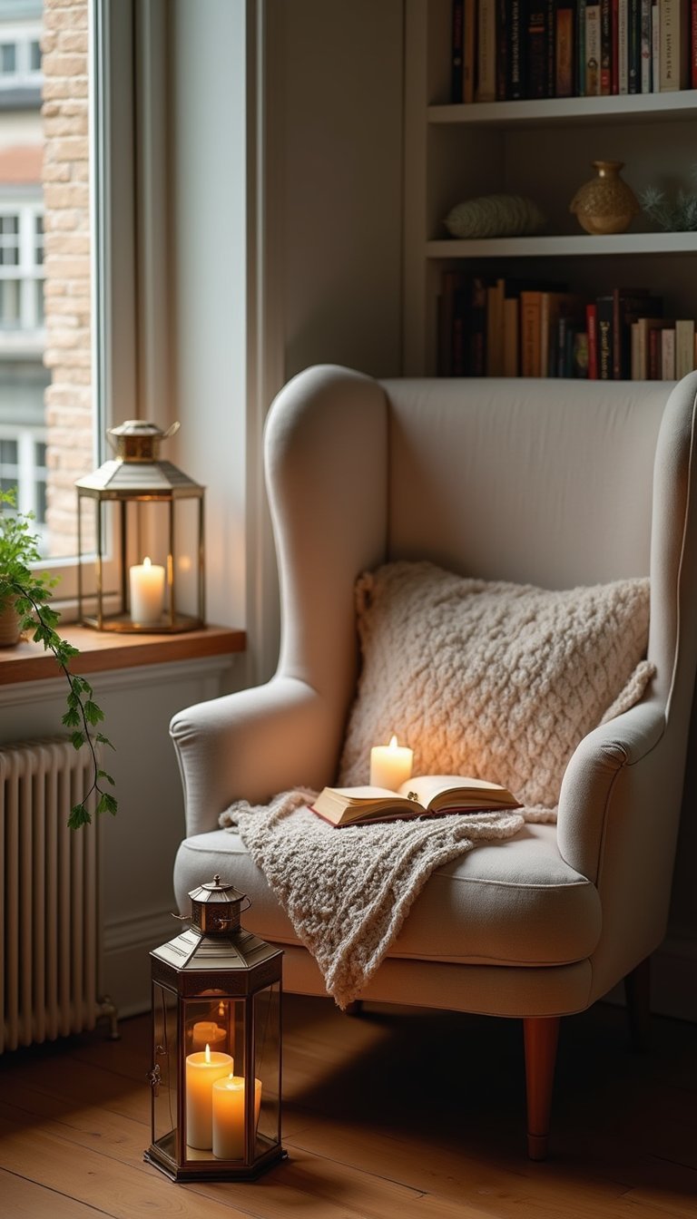 Rincón De Lectura Con Velas En Farolillos Pequeños