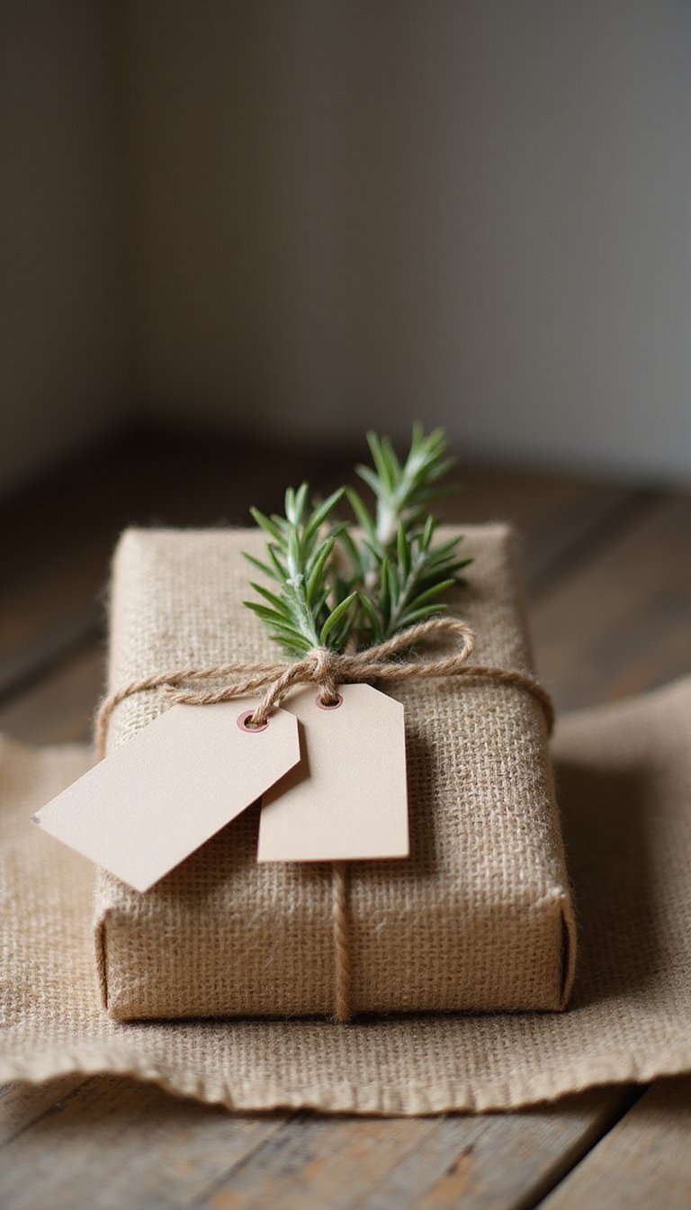 Burlap Gift Wrap With Rosemary And Twine
