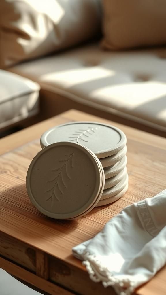 Low-profile coasters with pressed botanical impressions