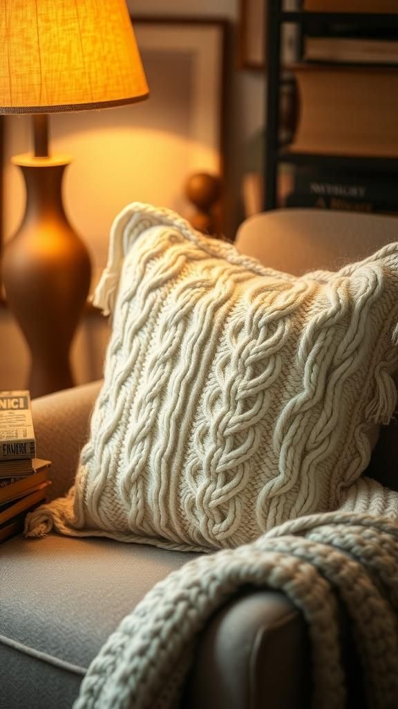 Cable-knit pillow cover for a snug reading nook