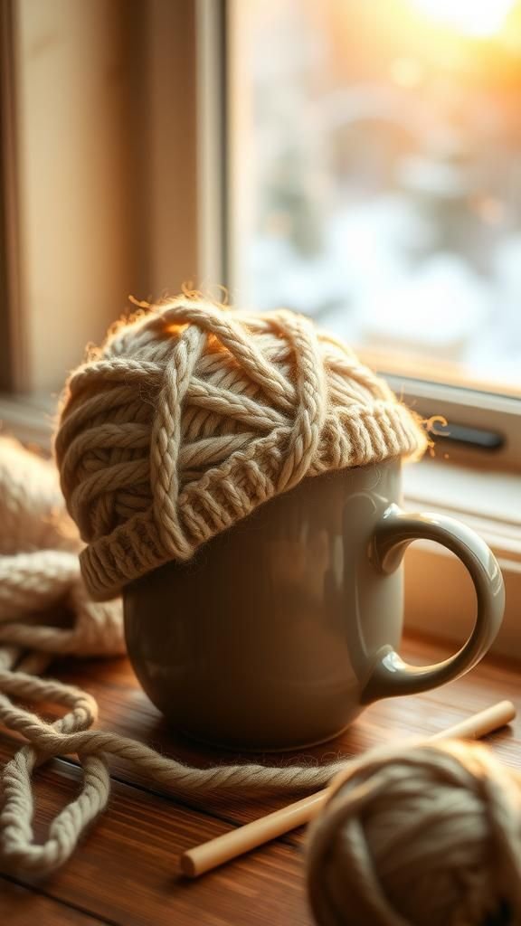 Chunky cable mug cozy for slow mornings